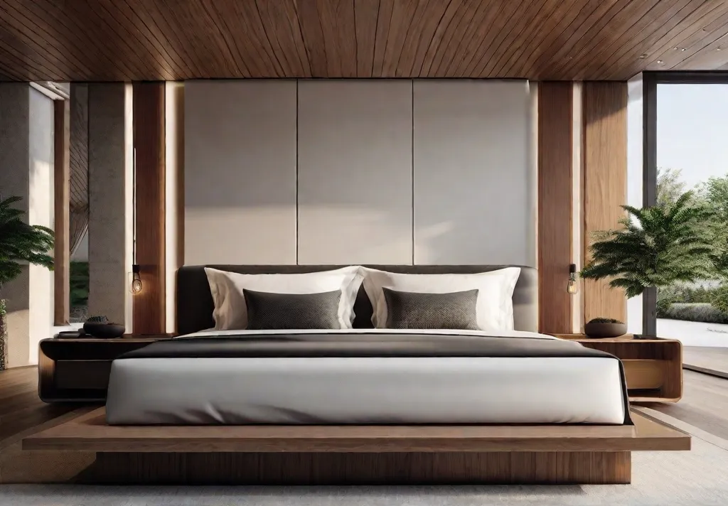 A Zen bedroom layout with the bed positioned for a clear view