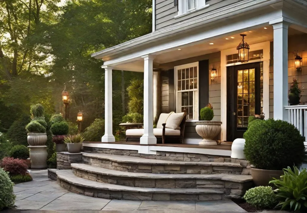 A beautifully landscaped front porch area highlighted by strategically placed landscape spotlights