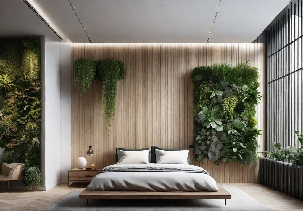 A bedroom featuring a vertical garden wall bringing a breath of fresh