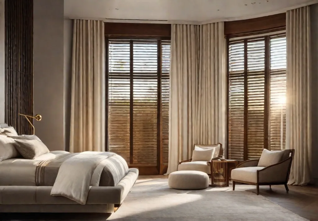A bedroom scene at sunrise emphasizing the maximization of natural light with