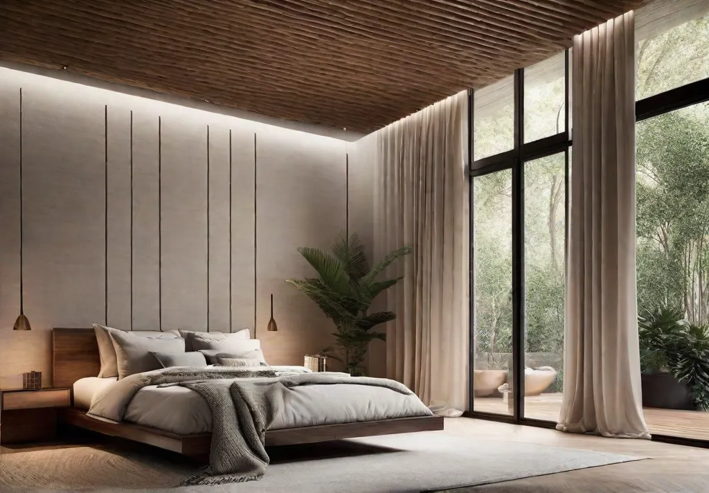 A bedroom that exemplifies textural harmony with a natural wood ceiling a