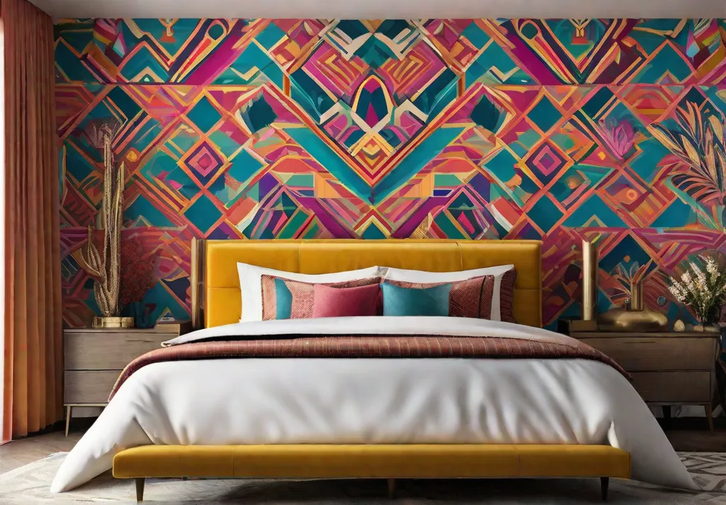 A bold and colorful statement wall in a boho bedroom showcasing vibrant