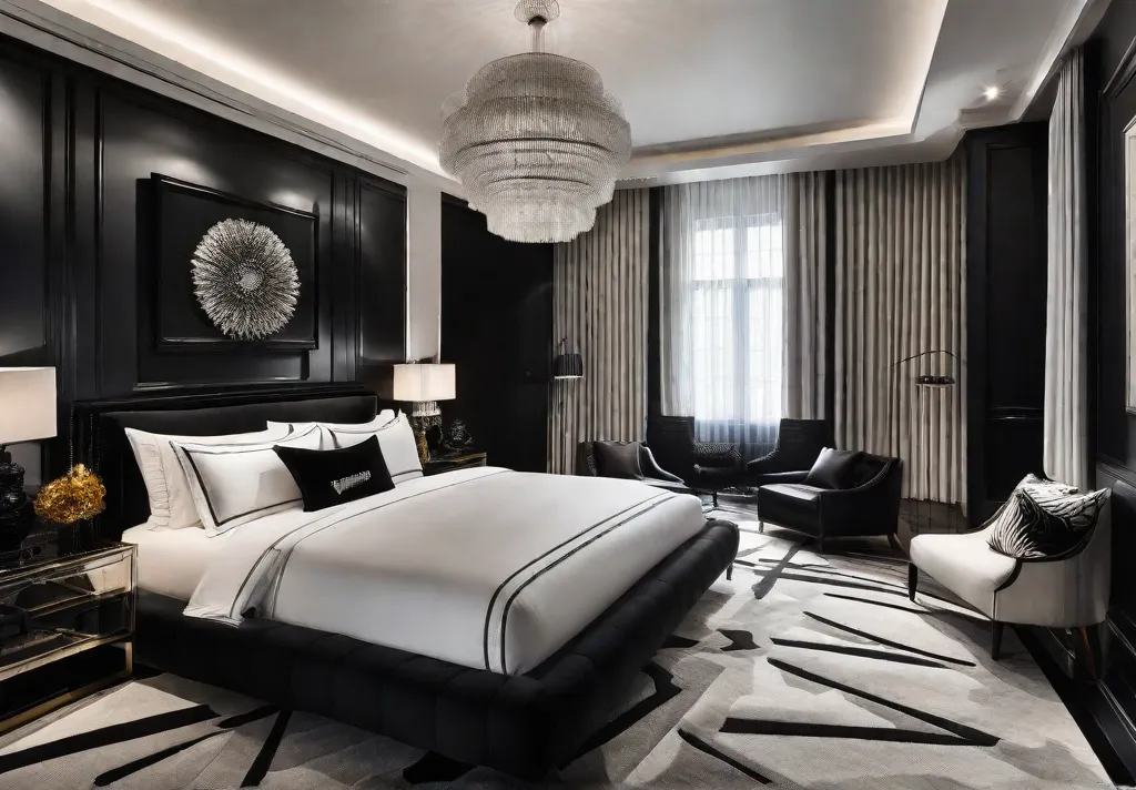 A bold dramatic bedroom showcasing a striking contrast with a glossy black