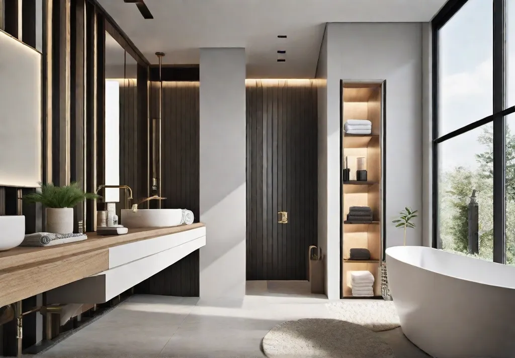 > A bright and airy bathroom with a floating shelf above the toilet
