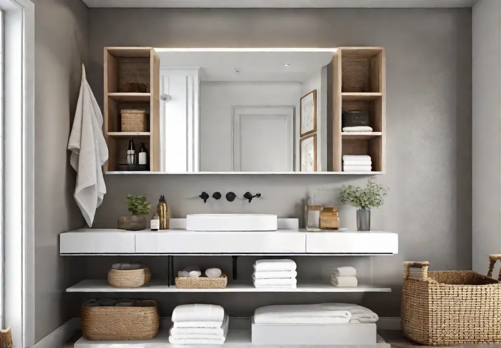 A bright and airy bathroom with a wall mounted shelf featuring a variety of baskets and bins in different sizes