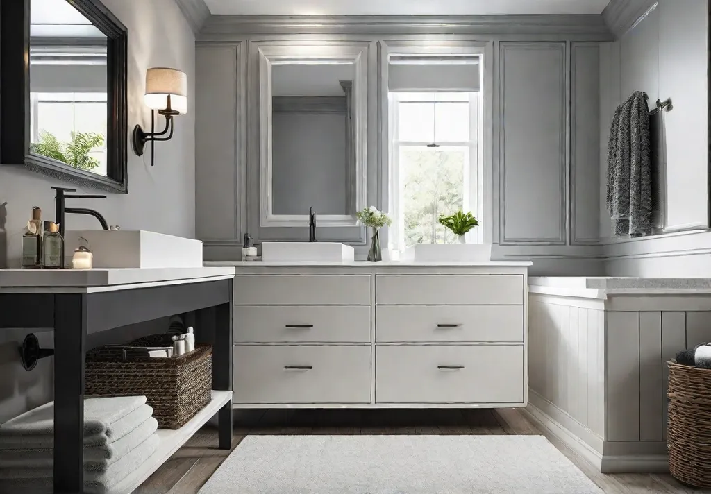A bright and airy bathroom with white cabinets and gray walls