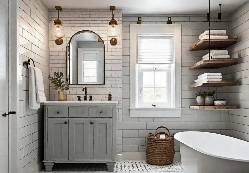 A bright and airy bathroom with white subway tile walls and a light gray vanity