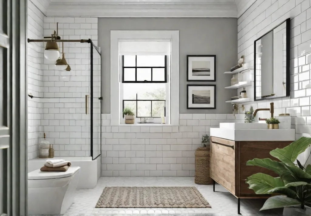 A bright and airy bathroom with white subway tile walls and a light gray vanity