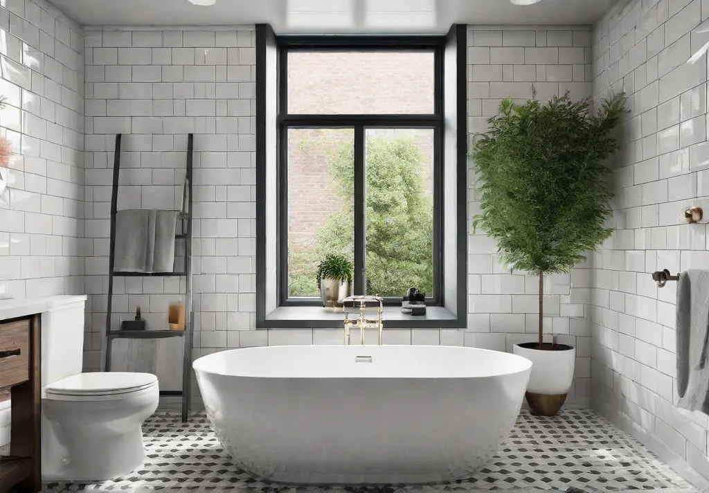 A bright and airy bathroom with white subway tiles and a gray vanity