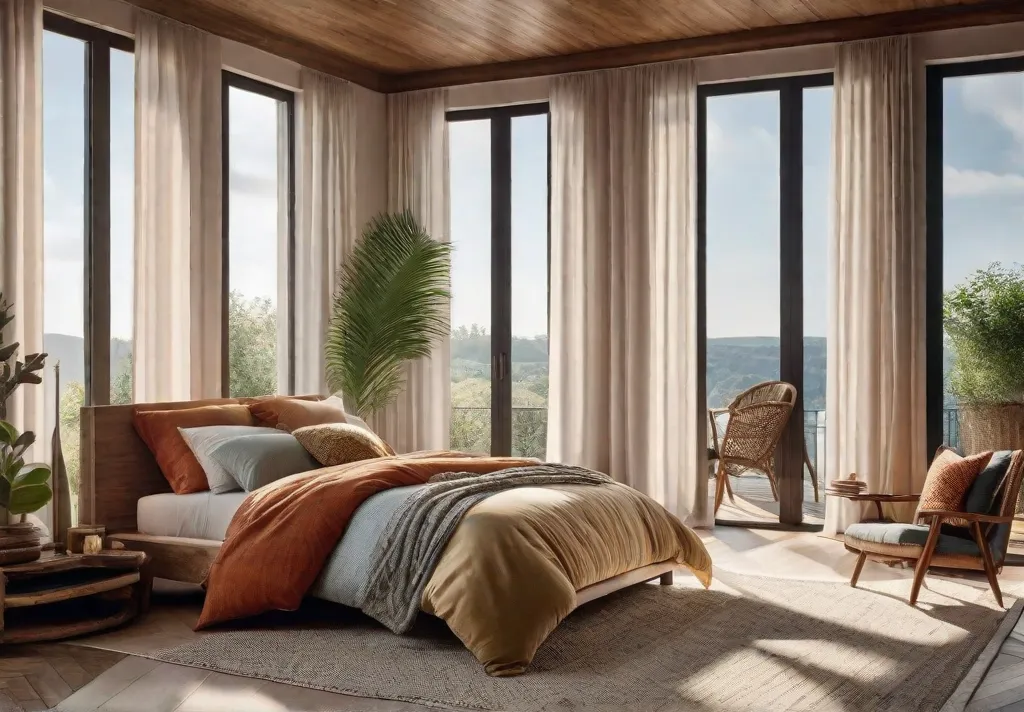 A bright and airy boho bedroom with floortoceiling windows draped with light