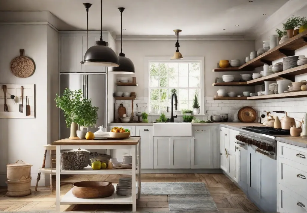 A bright and airy kitchen showcasing open shelving adorned with eclectic dishware