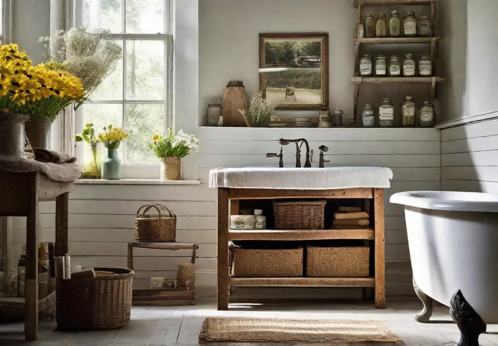 A bright and airy rustic bathroom with a DIY wooden vanity