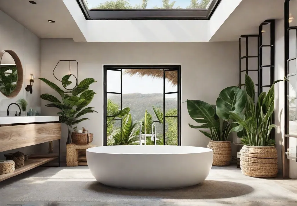 A bright and airy rustic bathroom with a large window