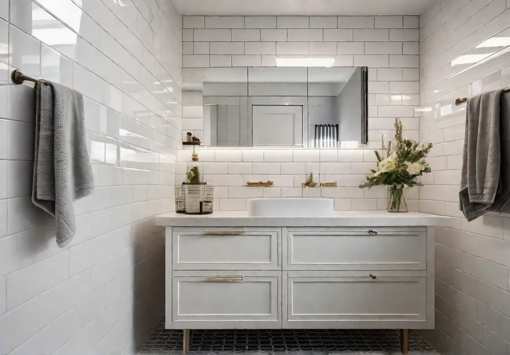 A bright and airy small bathroom with a light colored tile floor and white subway tile walls
