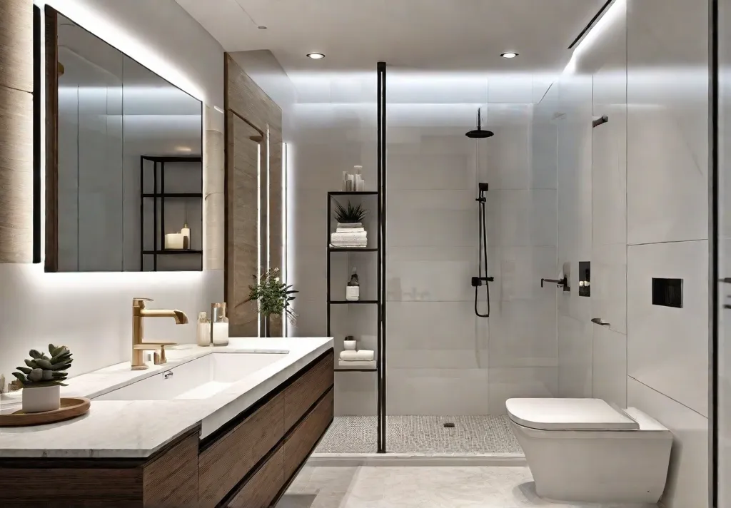 A bright and airy small bathroom with a modern shower stall 1