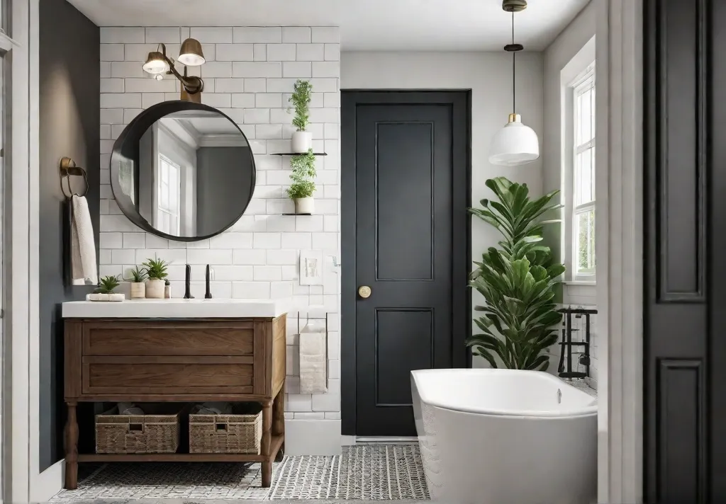 A bright and airy small bathroom with white subway tile walls and a dark wood vanity