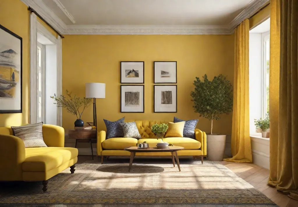 A bright and cozy living room where cheerful yellow walls serve as the backdrop to a mix of vintage and contemporary décor