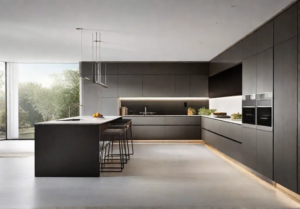 A bright modern kitchen featuring sleek stainless steel pulls on minimalist cabinetry