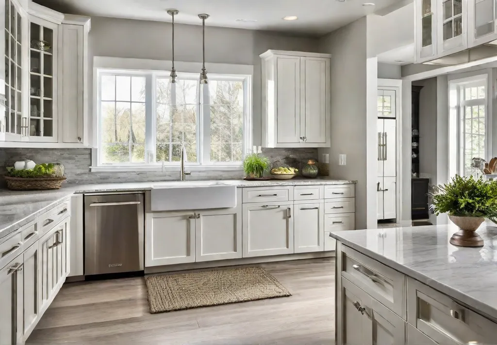 A bright welllit kitchen showcasing brushed nickel pulls on white cabinets with