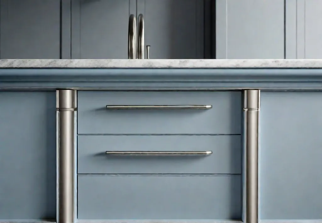 A brushed nickel pull mounted on a soft blue cabinet demonstrating the