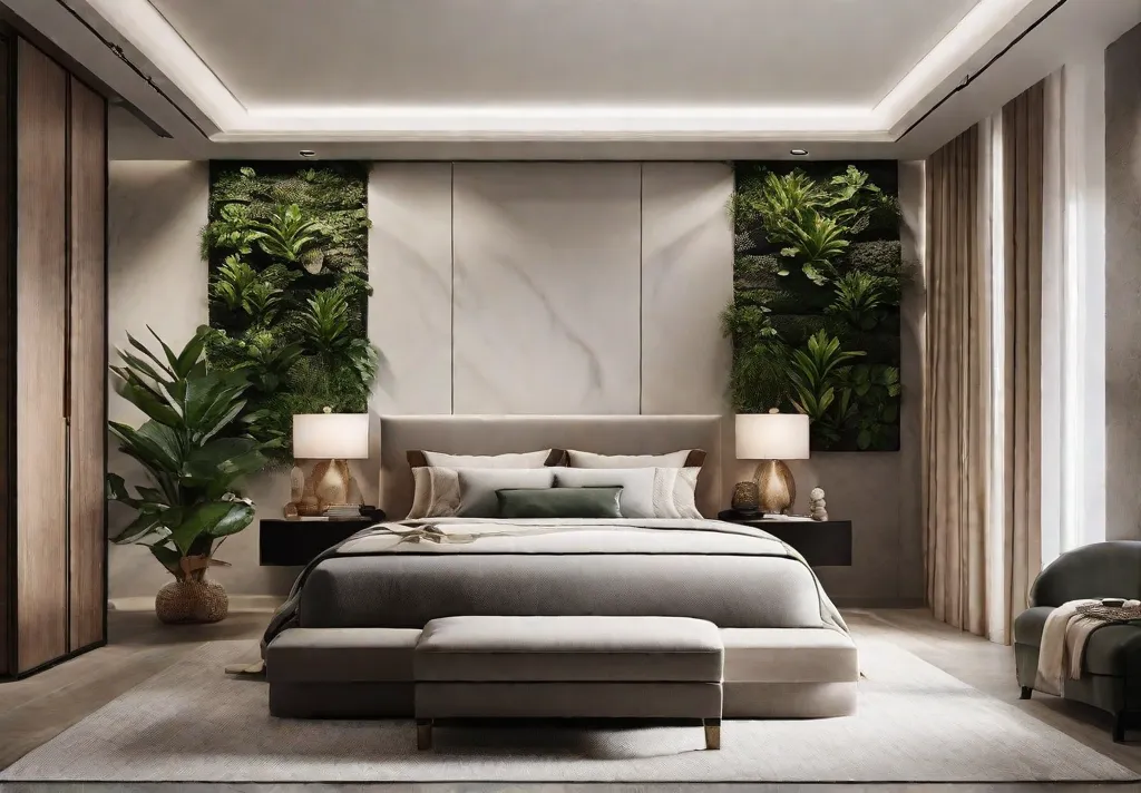A calm neutraltoned bedroom showcasing a seamless integration of natural elements like