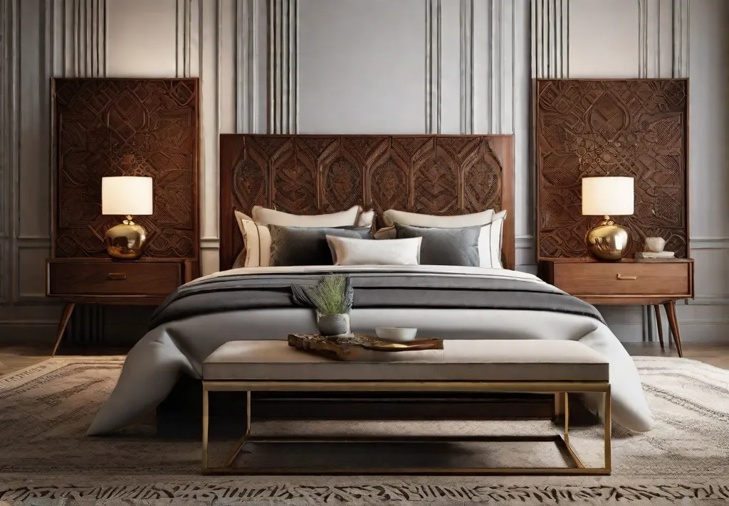 A charismatic mixandmatch furniture scene showcasing a vintage intricately carved wooden headboard