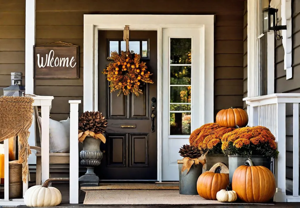 A charming vignette featuring a decorative seasonal display on a front porch: a fall scenery with pumpkins
