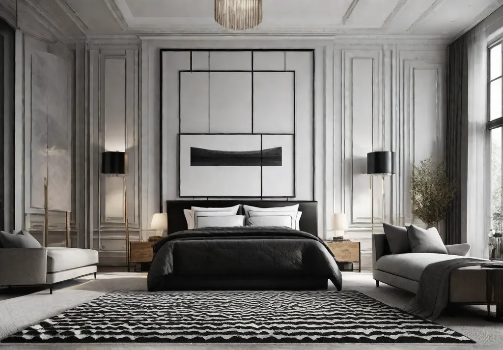 A chic bedroom dominated by bold black and white monochrome with a