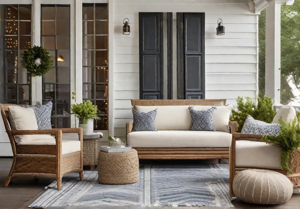 A chic front porch with a modern outdoor sofa layered with waterproof patterned throw pillows and a lightweight throw blanket for chilly evenings