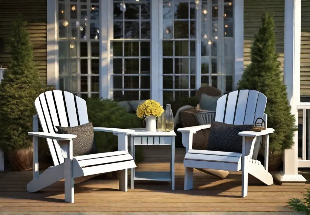 A classic front porch with a pair of Adirondack chairs made of recycled plastic