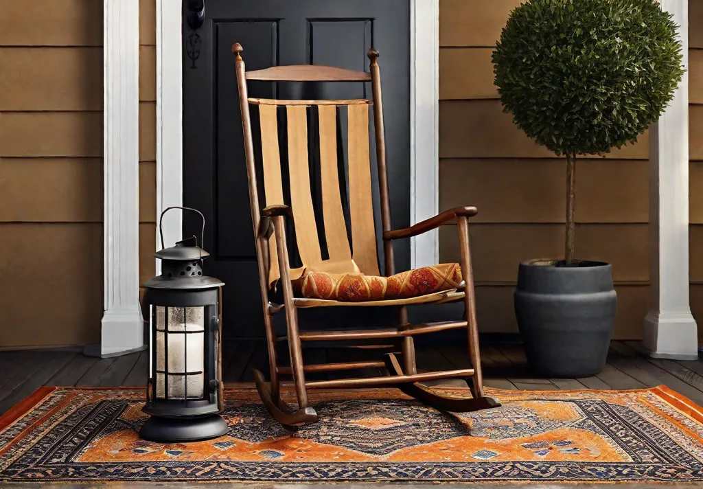 A classic rocking chair setup with a small side table holding a vintage lantern