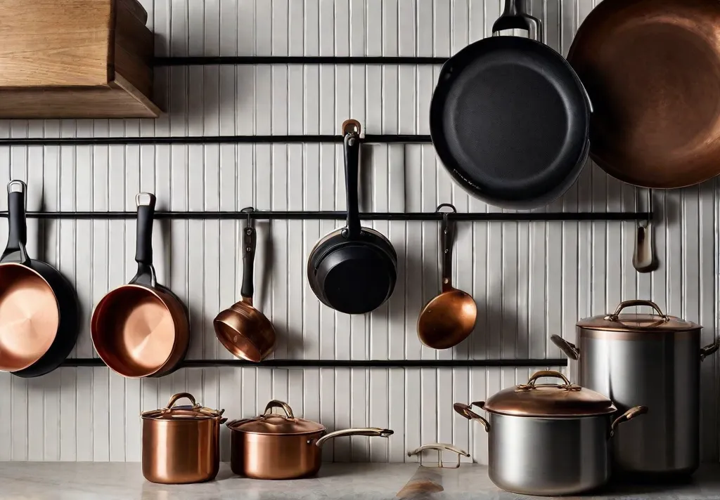 A close up of a kitchen wall decluttered and revitalized with matte black hooks holding copper pots and pans