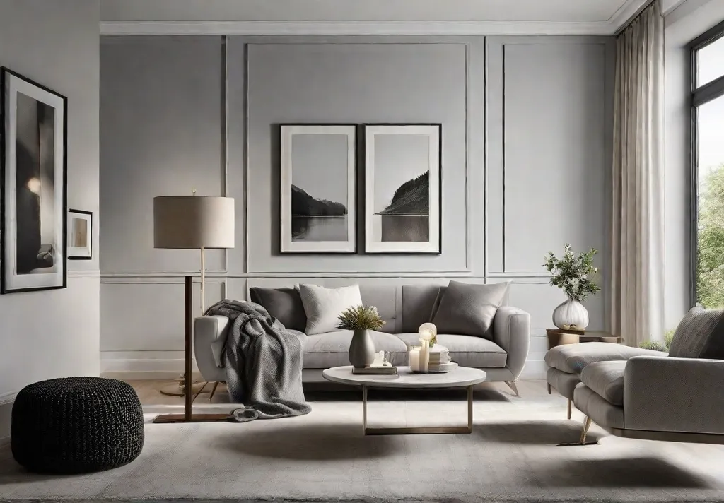 A close up of a stylish living room corner showcasing the soft white and warm gray combination