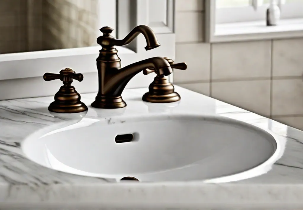 A close up shot of a bathroom sink with bronze faucet fixtures and cabinet knobs