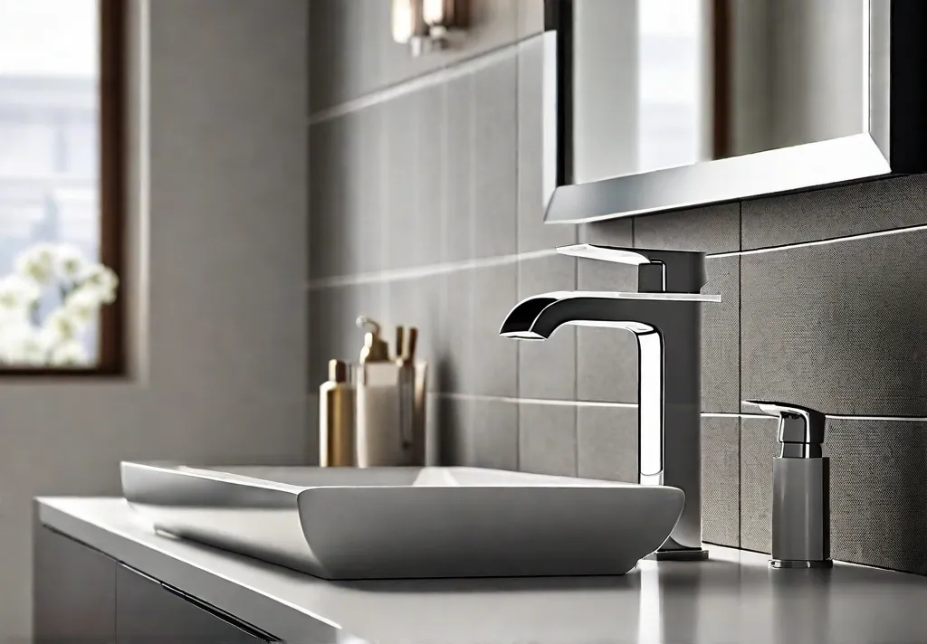 A close up shot of a modern bathroom faucet with a sleek