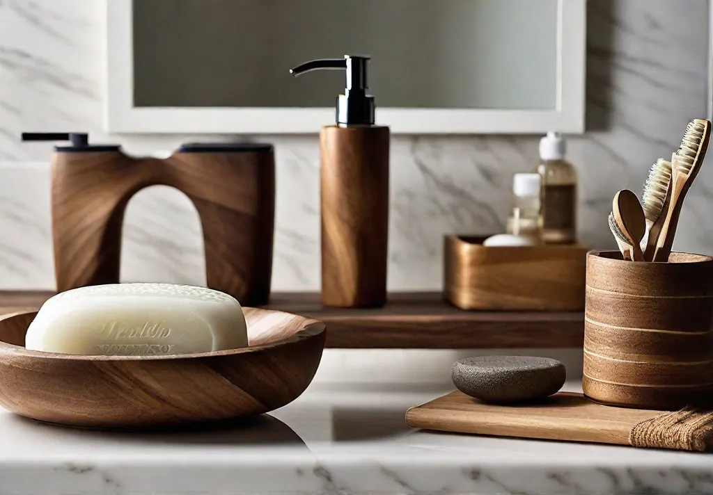 A close up shot of a rustic bathroom countertop with a handcrafted soap dish