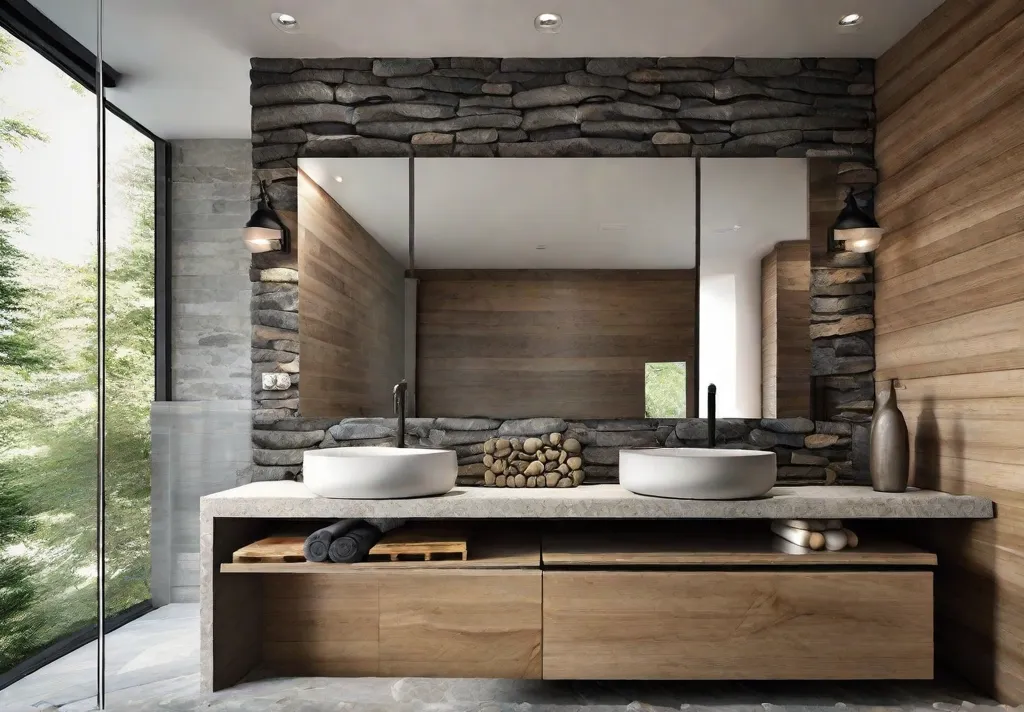 A close up shot of a rustic bathroom featuring natural stone elements