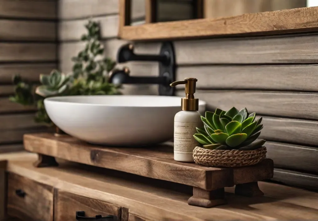 A close up shot of a rustic bathroom sink with a wooden soap dispenser