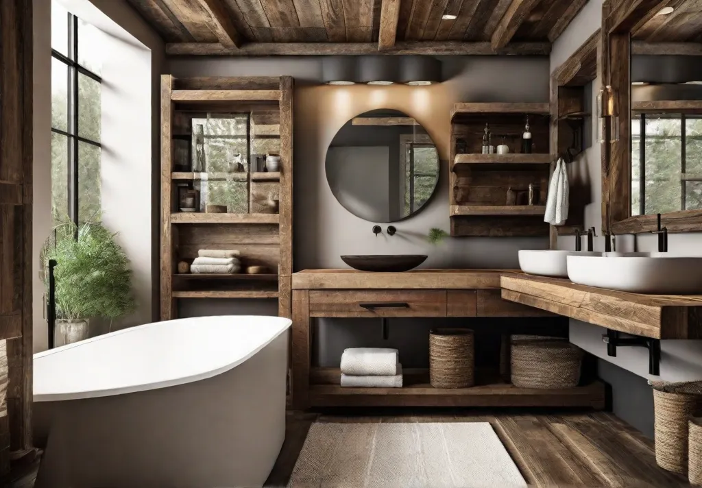 A close up shot of a rustic bathroom with DIY wood accents