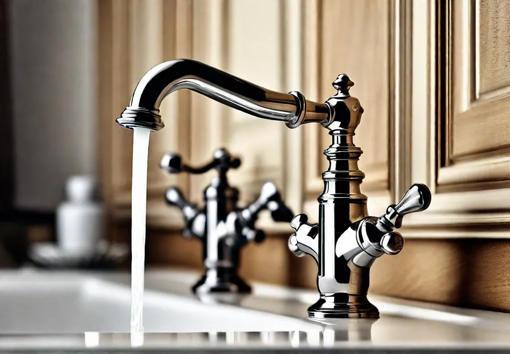 A close up shot of a vintage faucet with ornate detailing