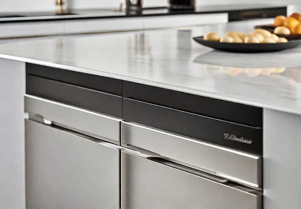 A closeup image of minimalist pulls on white kitchen cabinets featuring stainless