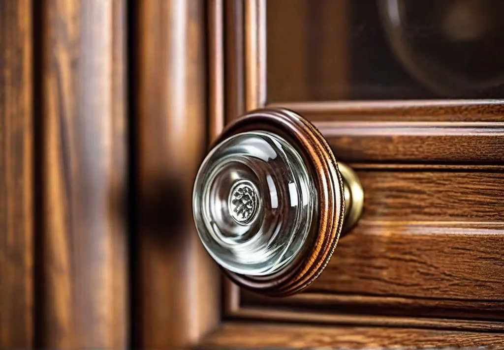 A closeup of a vintageinspired glass knob with light reflecting through it