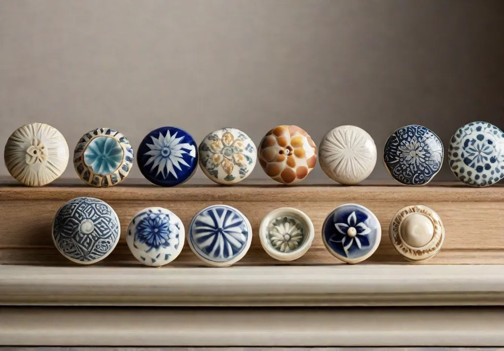 A closeup of ceramic knobs in varying patterns and colors mounted on