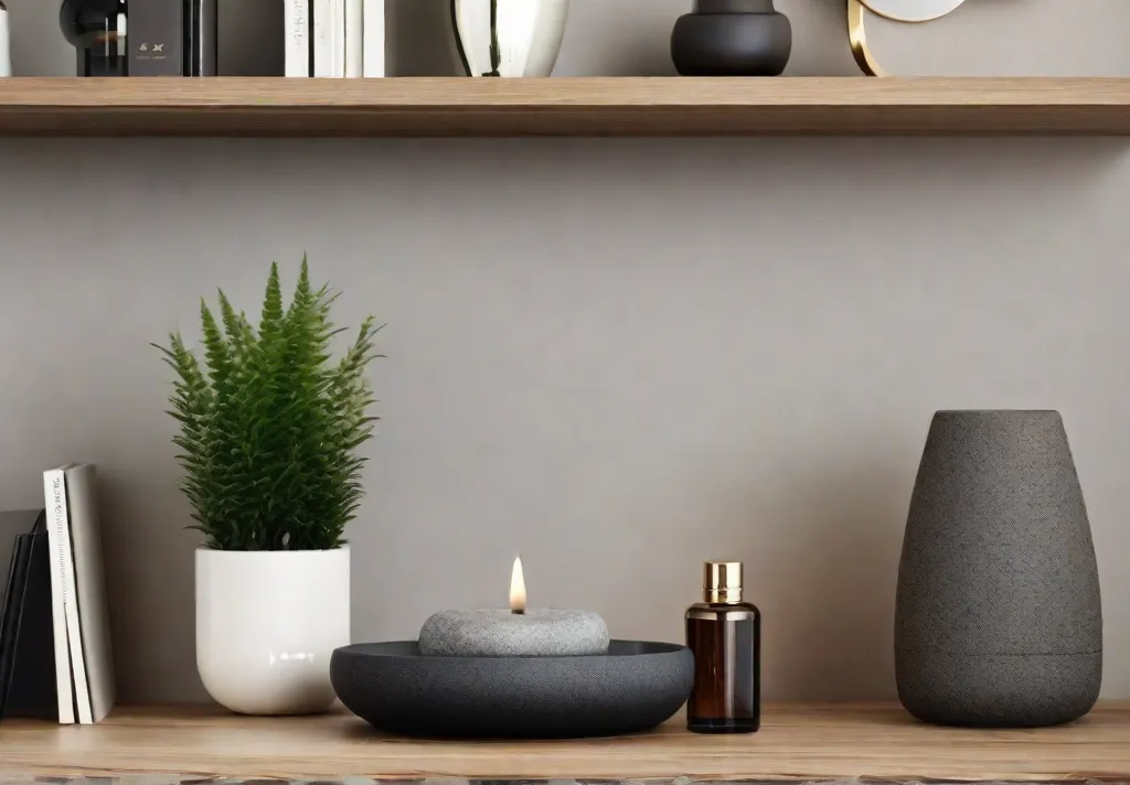 A closeup shot of a tastefully decorated shelf in a bedroom featuring