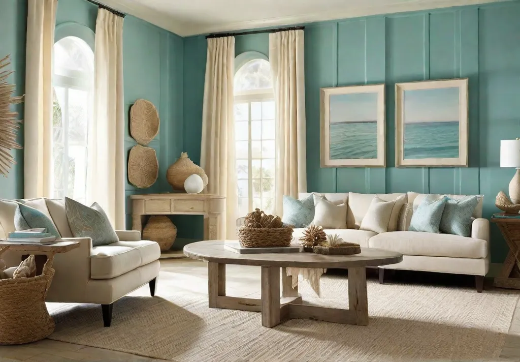 A coastal inspired living area where soft turquoise walls remind you of the sea