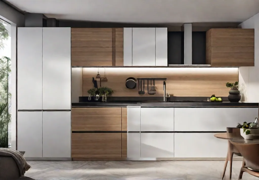 A compact kitchen utilizing minimalist hidden handles focusing on the increased space