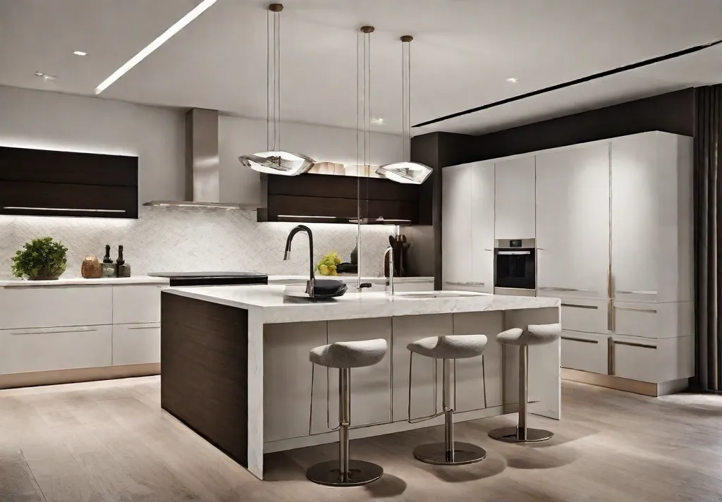 A contemporary kitchen with sleek stainless steel bar pulls on minimalist cabinets