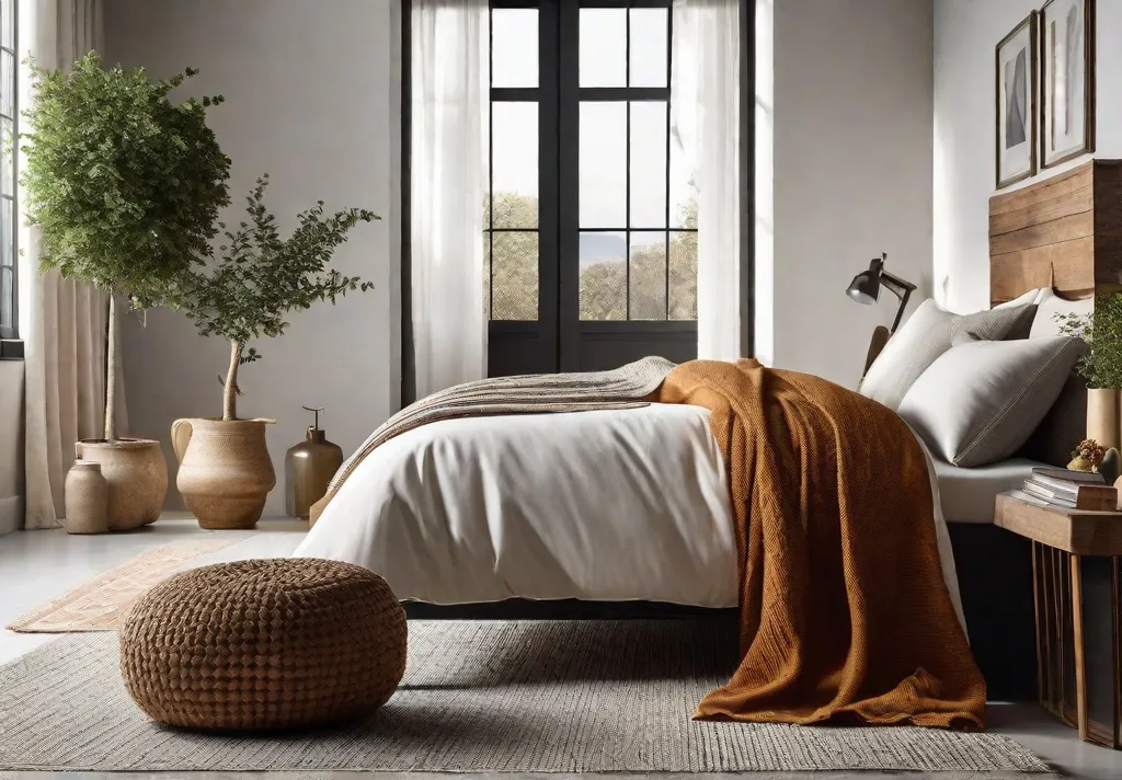 A corner of a bedroom showing a seasonal change featuring autumnal throw