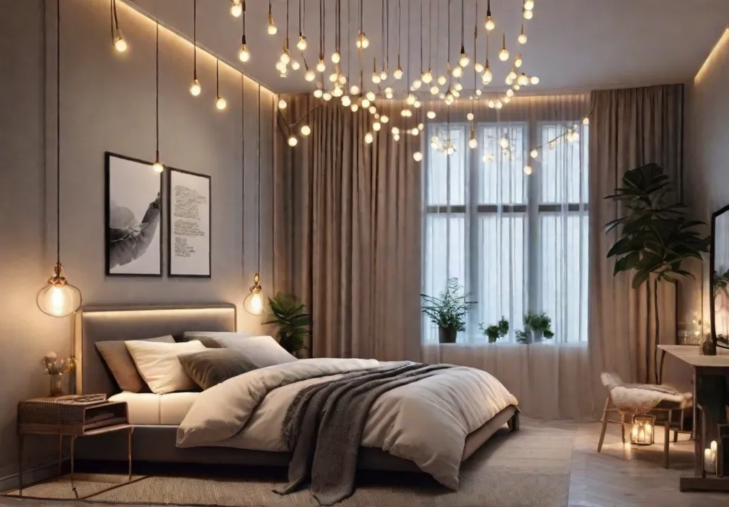 A cozy and inviting bedroom with fairy lights strung along the headboard