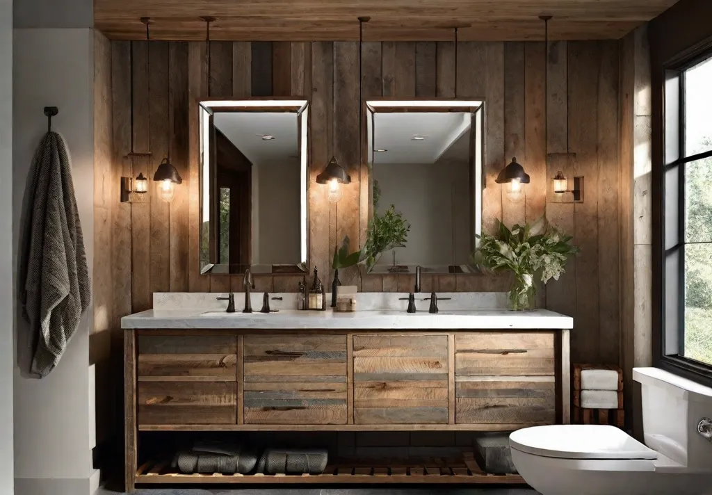 A cozy and inviting rustic bathroom with a blend of natural materials and modern accents